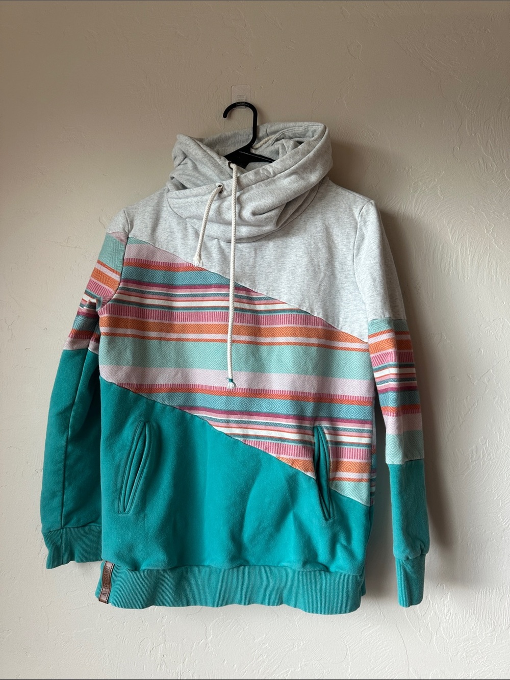 AMPERSAND AVE Teal, Heather Gray & Multicolor Striped Funnel Neck Pullover